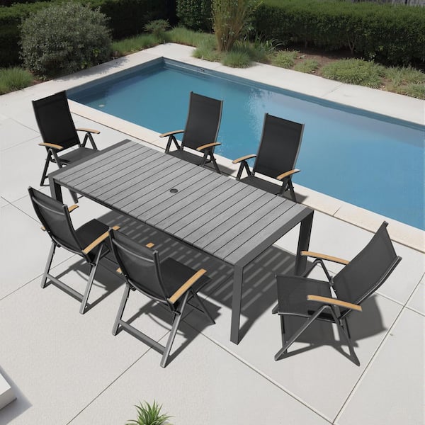 Gray 7-Piece 71 in. Aluminum Wood-Like Patio Outdoor Dining Set, with Umbrella Hole Table and Folding Recline Chairs