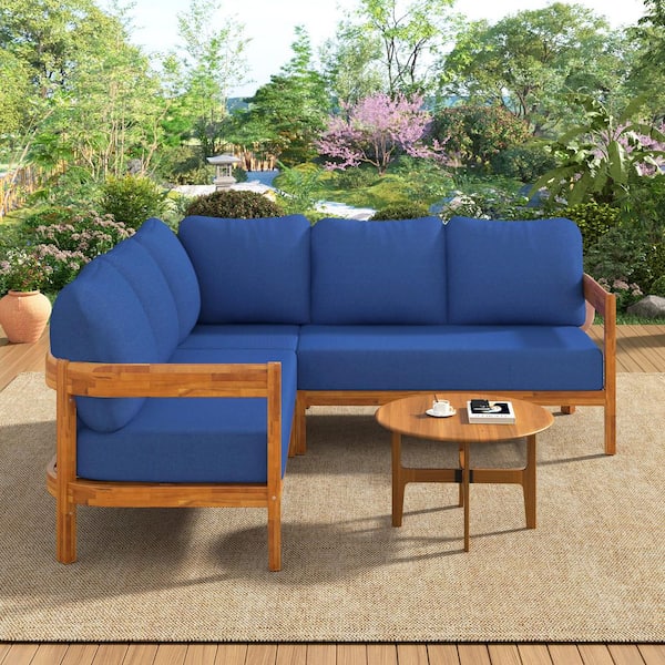 Elton Modern Brown Solid Wood L-Shaped Patio Conversation Set Outdoor Sectional Sofa with Blue Cushions