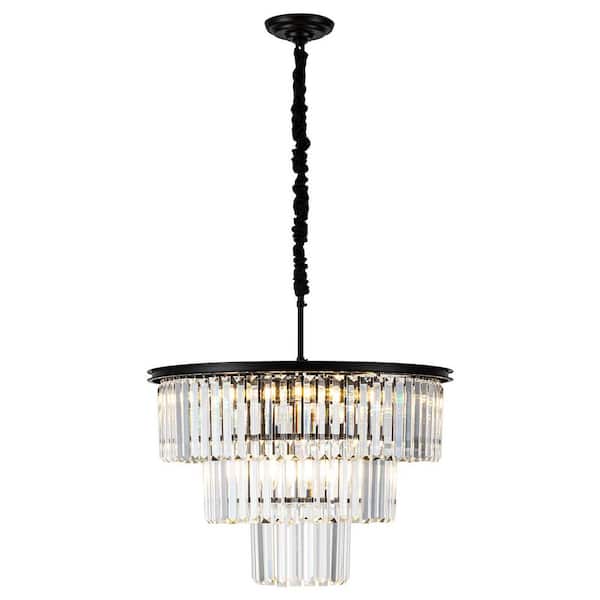 Modern 12-Light Black Clear Unique Tiered Chandelier with Crystal Accents, Bulbs Not Included