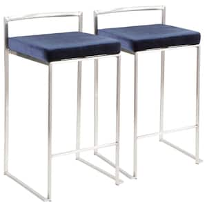 Fuji 26 in. Stainless Steel Stackable Counter Stool with Blue Velvet Cushion (Set of 2)