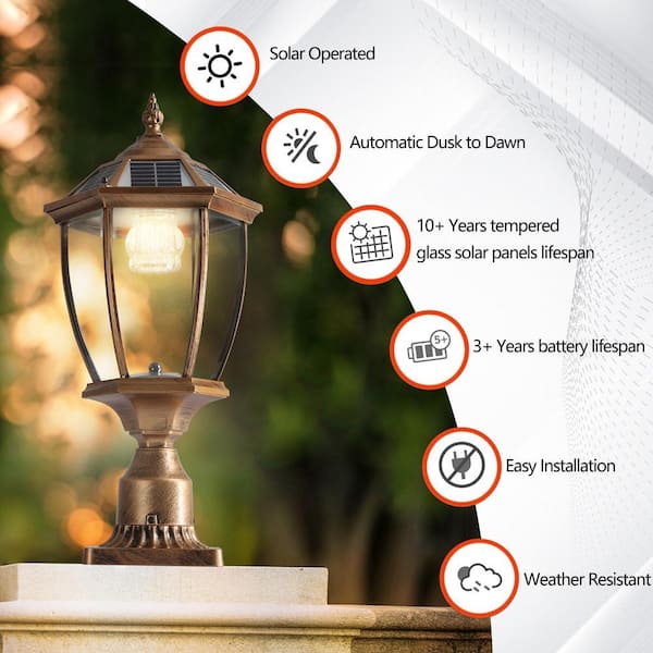 AUTMOON Vintage Solar Post Light with Dimmable LED, Retro Golden