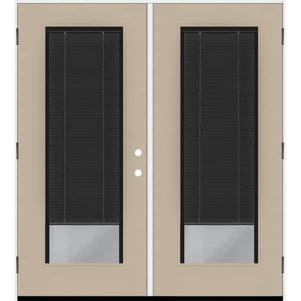 Legacy 72 in. x 80 in. Full Lite Clear Glass Noir Miniblind Sandstone RHOS Fiberglass Retro Patio Door with 4 in. Jamb