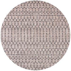 Ourika Moroccan Geometric Textured Weave Light Gray/Black 4 ft. Round Indoor/Outdoor Area Rug