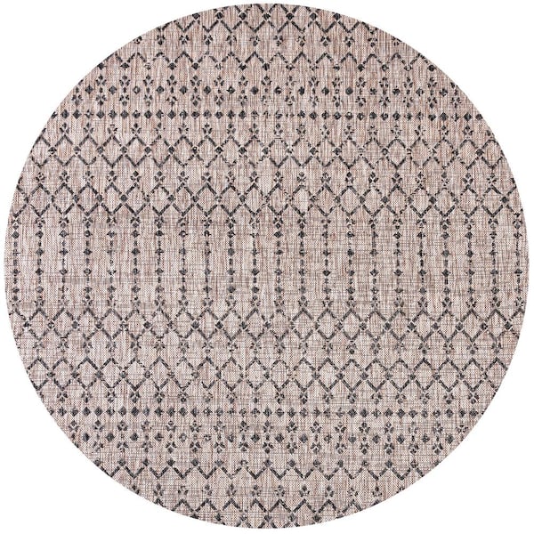 JONATHAN Y Ourika Moroccan Geometric Textured Weave Light Gray/Black 4 ft. Round Indoor/Outdoor Area Rug