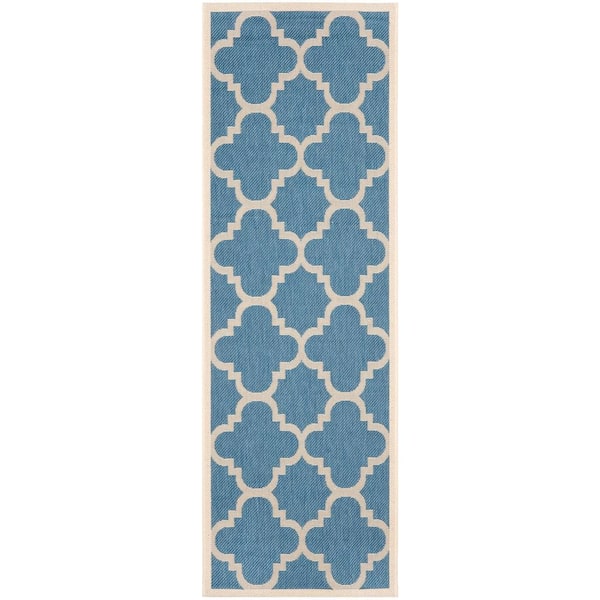 Courtyard Blue/Beige 2 ft. x 14 ft. Geometric Indoor/Outdoor Patio  Runner Rug