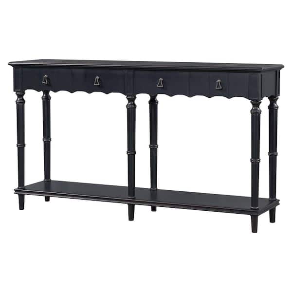 Benjara Black Wood Top 63 in. Sideboard with 4 Drawers and Turned Legs