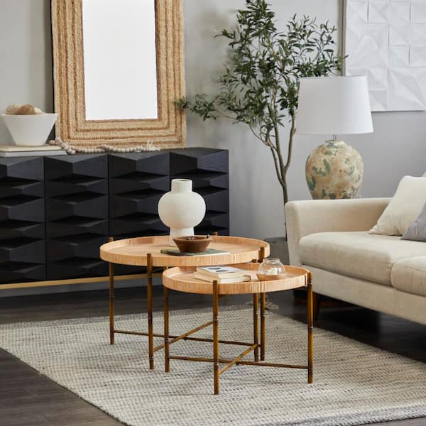 Litton Lane 32 in. Brown Round Manufactured Wood Nesting End Table with Metal Bamboo Inspired Legs 2-Pieces