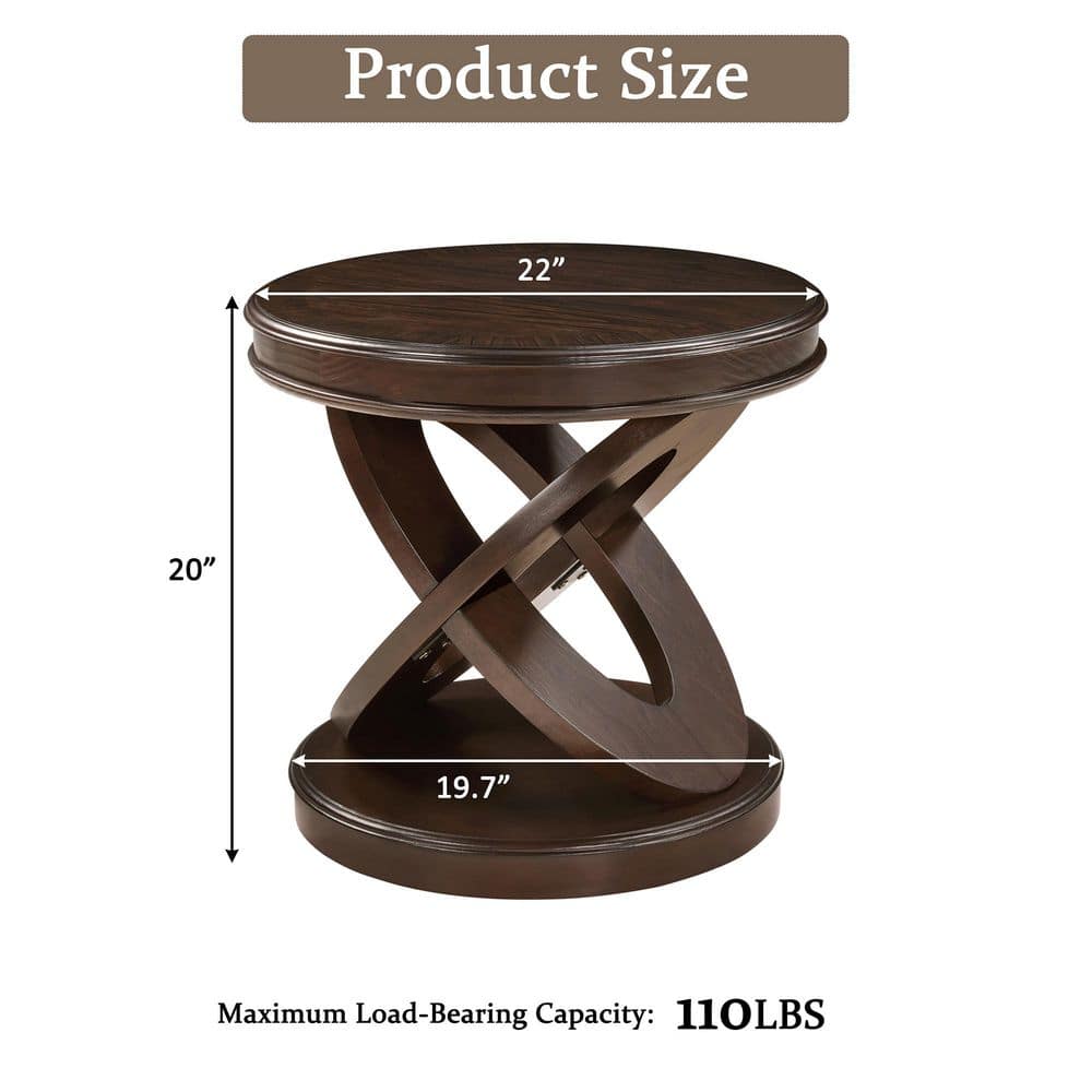 Liam 22 in. Walnut Round MDF and Solid Wood Veneer End Table, Side Table with X-Shaped Base - thumbnail 5