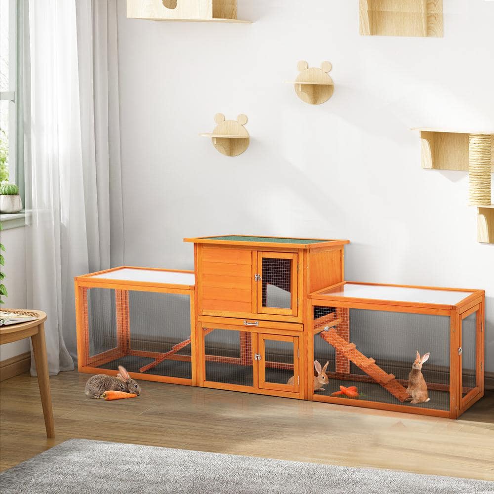 Large Orange Wood Rabbit Hutch with Ramps and Mesh Runs