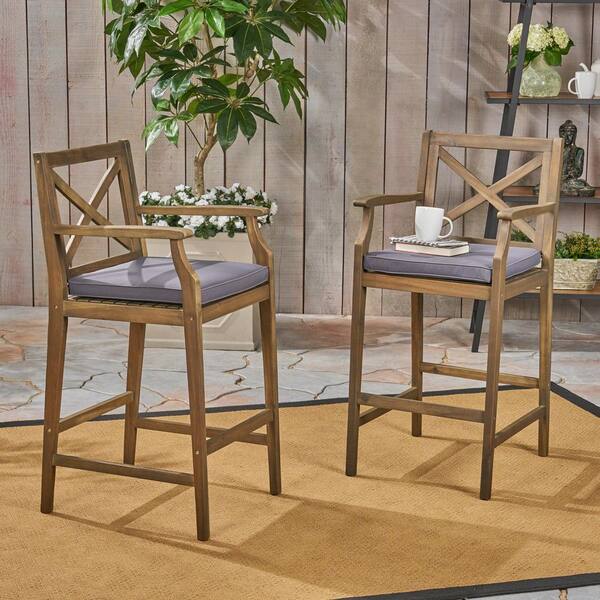 Brown Acacia Wood Outdoor Dining Chair, Patio Barstools with Water