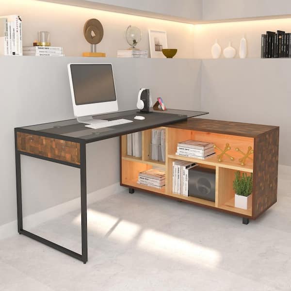 TECHNI MOBILI Oak L-Shape Corner Desk with Multiple Storage