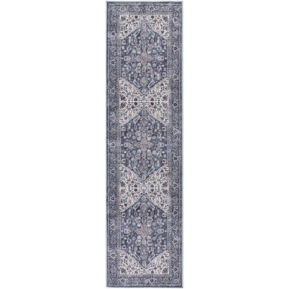 Machine Washable Series 1 Navy Ivory 2 ft. x 12 ft. Distressed Traditional 