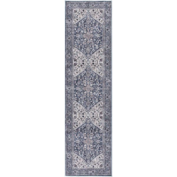 Unbranded Machine Washable Series 1 Navy Ivory 2 ft. x 12 ft. Distressed Traditional Runner Area Rug