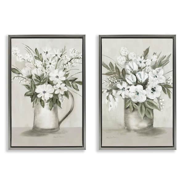Stupell Industries Country Vases with Bouquets by Marilyn Dunlap 2-Pieces Gray Floater Frame Nature Graphic Art Print 31 in. x 21 in.