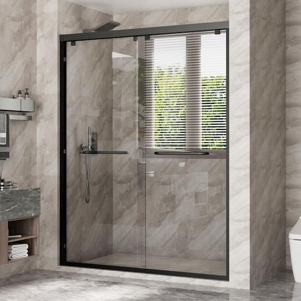 60 in. W x 76 in. H Double Sliding Frameless Shower Door in Matte Black Finish with Clear Glass