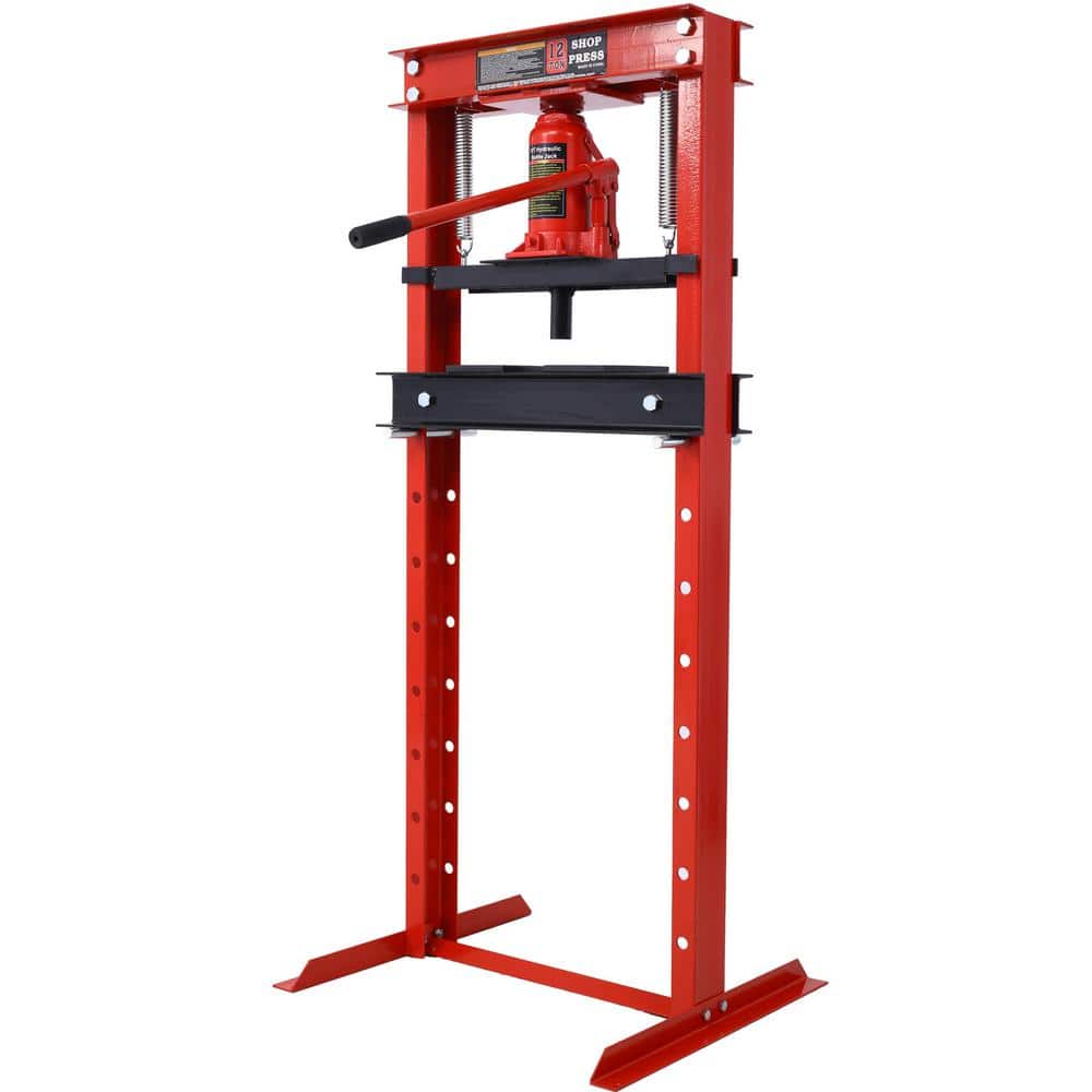 12-Ton Capacity Red Adjustable Working Table Height Hydraulic Shop Press wi