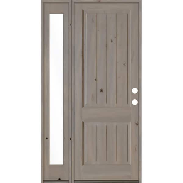 Krosswood Doors 56 in. x 96 in. Rustic Knotty Alder 2 Panel Left-Hand/Inswing Clear Glass Grey Stain Wood Prehung Front Door w/Sidelite