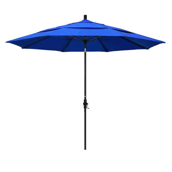California Umbrella 11 ft. Black Aluminum Pole Market Fiberglass Collar Tilt Crank Lift Outdoor Patio Umbrella in Pacific Blue Sunbrella