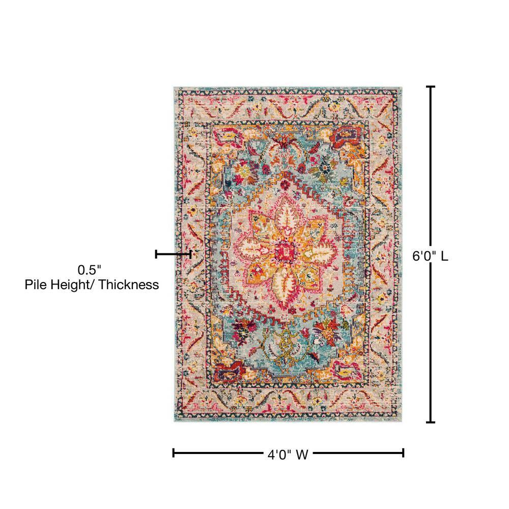 Turquoise and Beige Medallion Synthetic 4' x 6' Area Rug