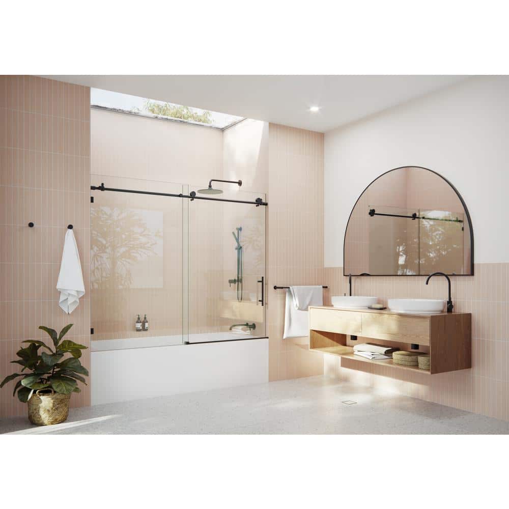 Matte Black Frameless Sliding Bathtub Door with Tempered Glass Panels