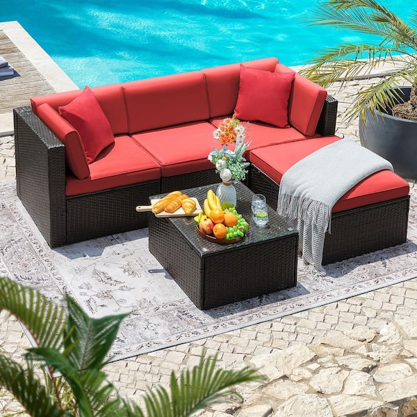 5-Pieces Wicker Patio Conversation Furniture Outdoor Rattan Sofa Set with Glass Coffee Table and Red Cushion