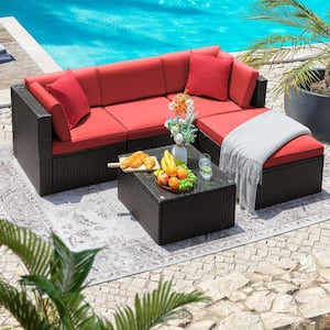 5-Pieces Wicker Patio Conversation Furniture Outdoor Rattan Sofa Set with Glass Coffee Table and Red Cushion