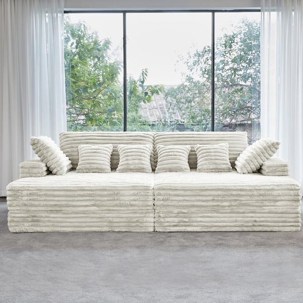 Lesly 120 in. Wide Square Arm Velvet Rectangle Sectional Sofa Couch Modern Double Seats Square in. Beige