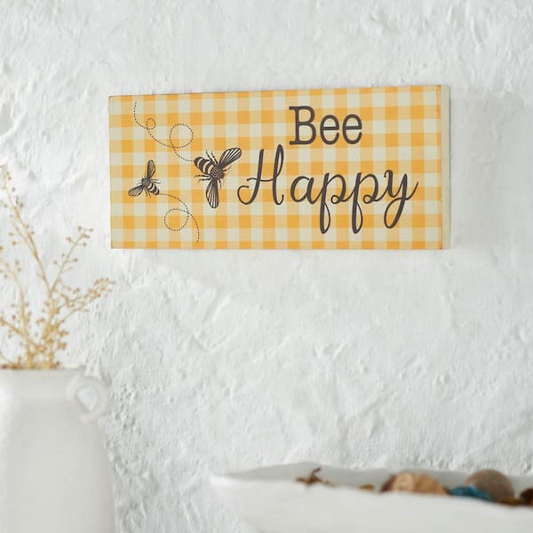Buzzy Bees 7 in. x 16 in. Bee Happy Honey Check MDF Wall Art