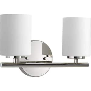 Replay Collection 13 in. 2-Light Polished Nickel Etched White Glass Modern Bathroom Vanity Light