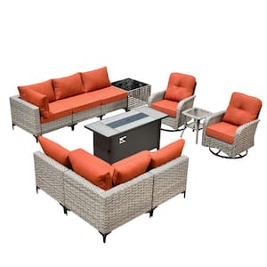 Holston 11-Piece Wicker Outdoor Patio Conversation Sofa Set with a Metal Fire Pit, Swivel Chairs and Orange Red Cushions