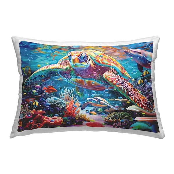 Stupell Industries Turtle with Underwater Bubbles Blue Abstract Polyester 14 in. x 20 in. Throw Pillow