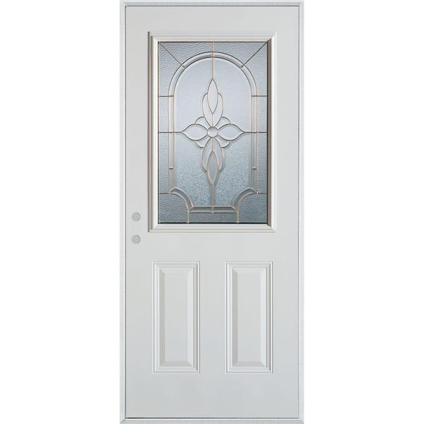 Stanley Doors 36 in. x 80 in. Traditional Patina 1/2 Lite 2-Panel Prefinished White Right-Hand Inswing Steel Prehung Front Door