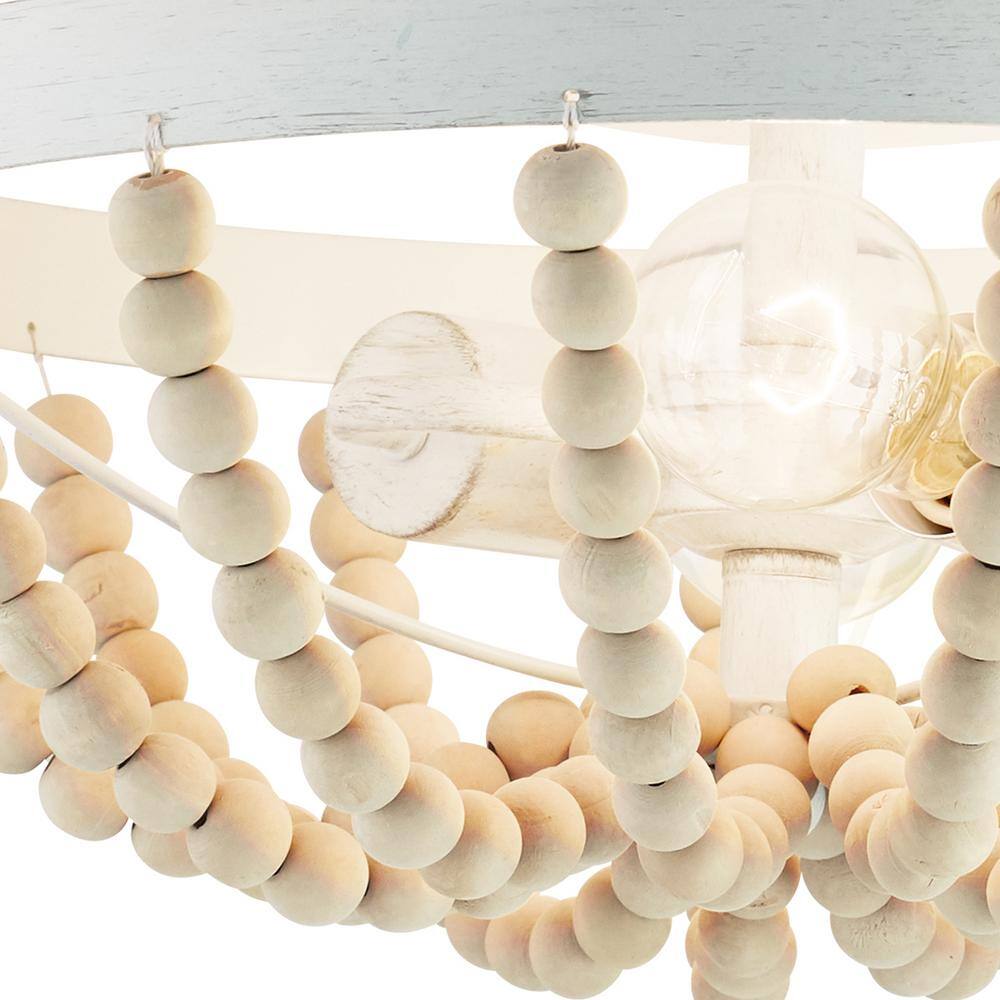 Bohemian 17" White Glass Bowl Semi-Flush Mount with Wooden Beads
