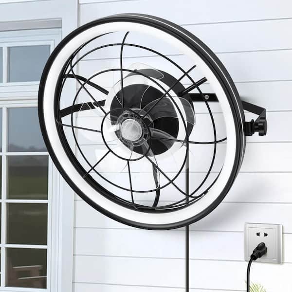 20 in. Smart Modern Indoor Black Ceiling Fan with Light, Plug-in Caged Wall Mount Fan with Remote Control for Bedroom