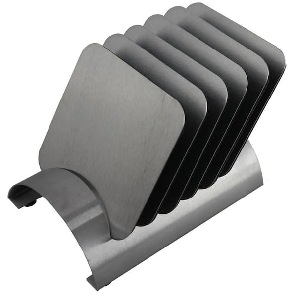 Julian 4 in. Stainless Steel Round Coasters and Holder (6-Pack)