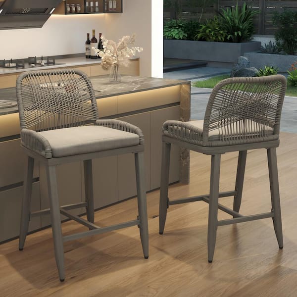 Unbranded Aluminum Outdoor Bar Stool with Gray Cushion (2-Pack)