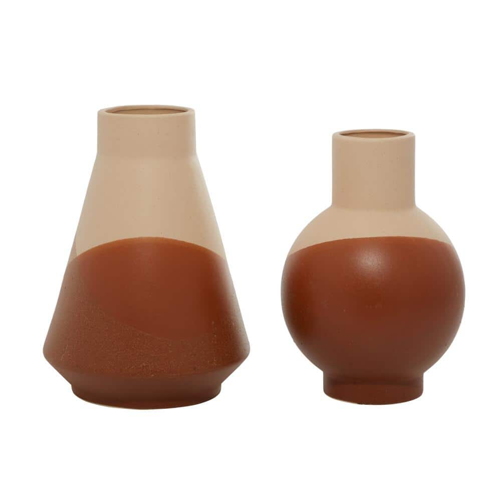 Set of 2 Tan and Terracotta Geometric Ceramic Vases