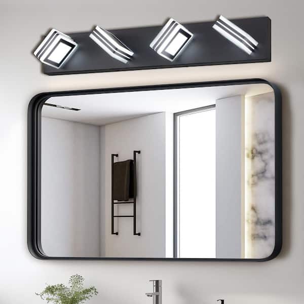 25.6 in. Modern 4-Light Black LED Vanity Light Over Mirror Bath Wall Lighting Fixtures with Square Acrylic Lampshades