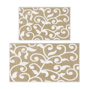 Floral Beige 44 in. x 24 in. and 31.5 in. x 20 in. Non Skid, Washable, Thin, Multipurpose Kitchen Rug Mat (Set of 2)