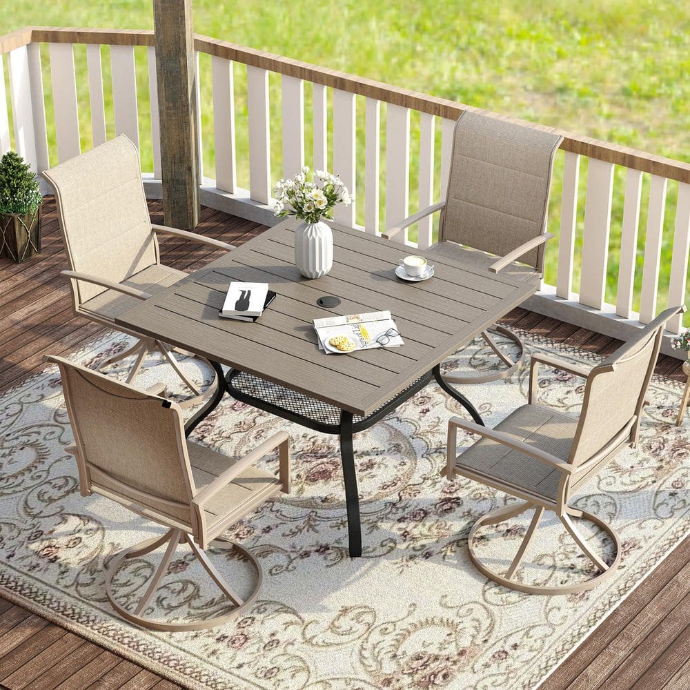 5-Piece Metal Outdoor Dining Set with Gray Wood-Like Square Table and 4 Sandshell Swivel Dining Chairs for 4 Person price history on PriceWatchPro