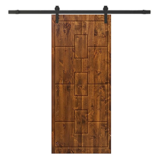 CALHOME 36 in. x 96 in. Walnut Stained Pine Wood Modern Interior Sliding Barn Door with Hardware Kit