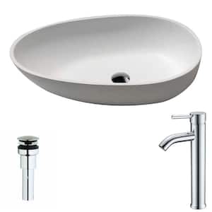 Trident 1-Piece Man Made Stone Vessel Sink in Matte White with Fann Faucet in Chrome