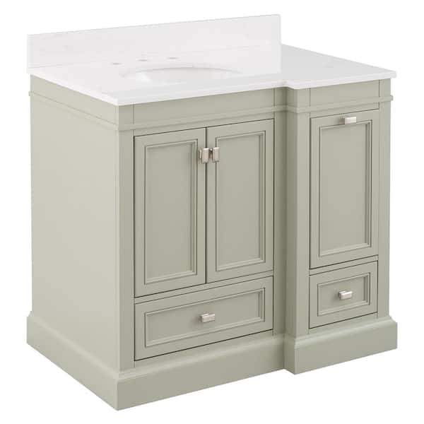Home Decorators Collection Braylee 37 in. W x 24 in. D Vanity Cabinet in Sage Green with Engineered Stone Vanity Top in White with White Sink