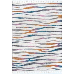 Jodie Ivory 3 ft. X 5 ft. Rainbow Zebra Braided Tassle Area Rug