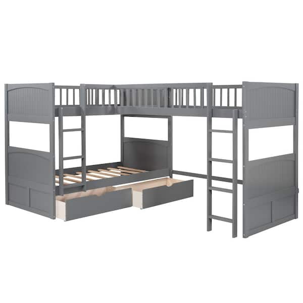 Nestfair Gray Wood Twin over Twin Bunk Bed with Loft Bed attached and ...