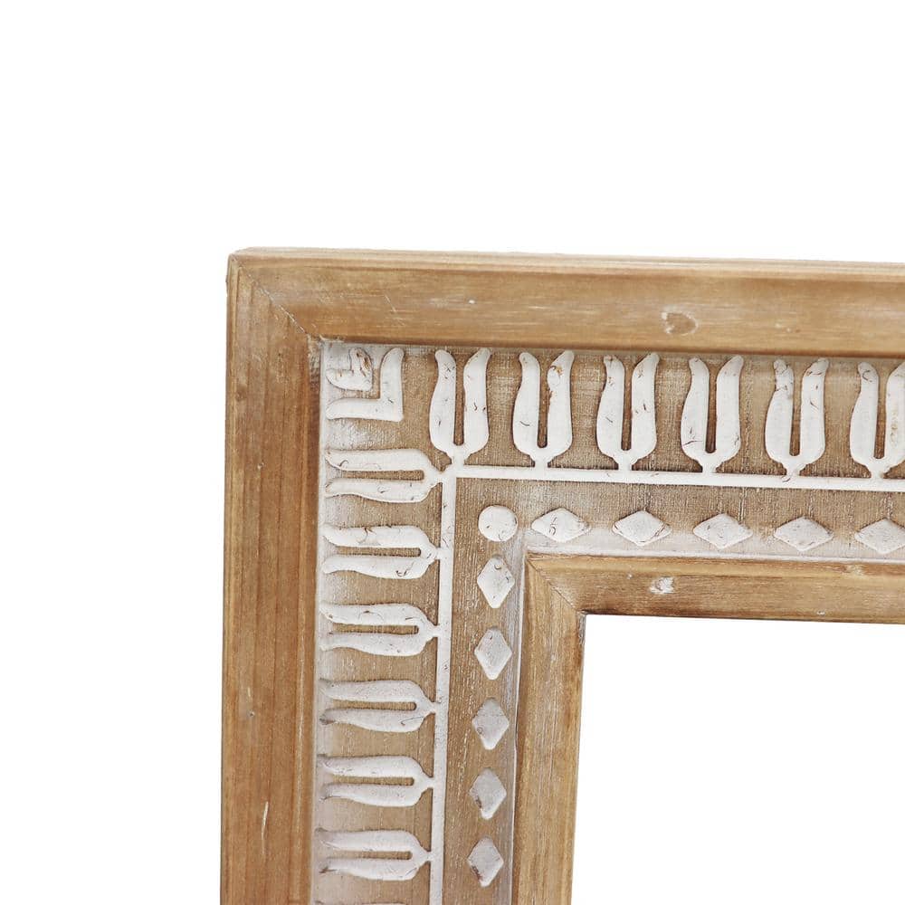 Medium Brown and White Carved Wood Farmhouse Decorative Mirror