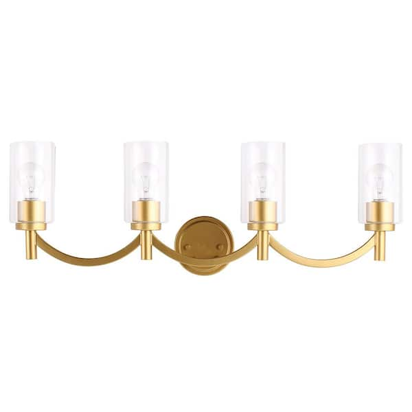 Devora 31.25 in. W x 10.5 in. H 4-Light Antique Gold Bathroom Vanity Light with Clear Glass Cylinder Shades