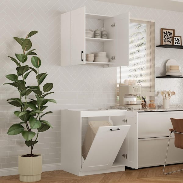 30 in. W x 24.2 in. D x 34.65 in. H Wood Ready to Assemble Floor Base Kitchen Cabinet in White with Hidden Trash Bin