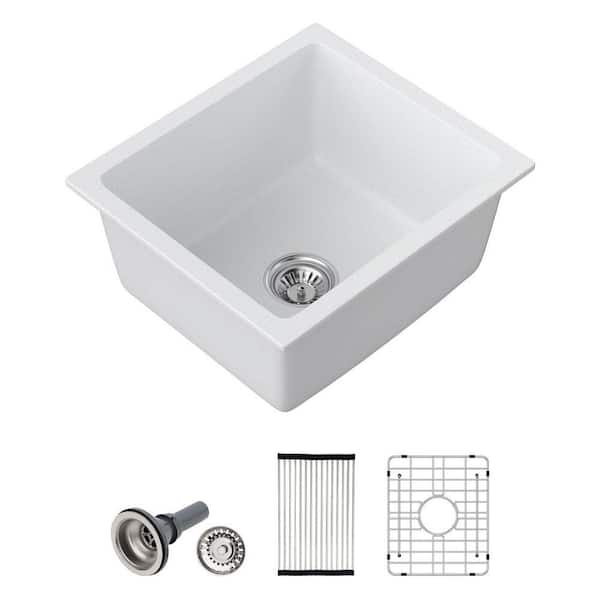 15 in. Small White Undermount Wet Bar Sink,Single Bowl Kitchen Sink Modern Prep Sink Granite Composite with Accessories