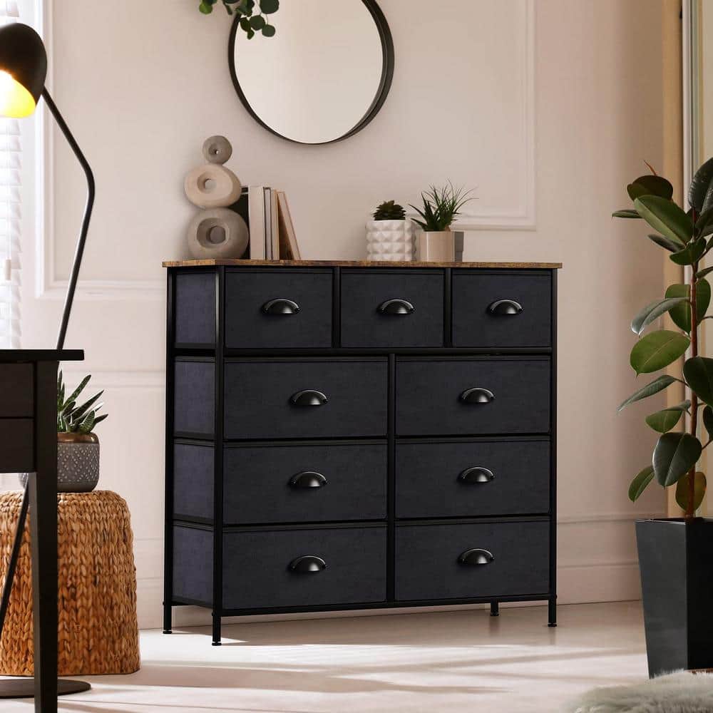 Sorbus Rustic Farmhouse Black 9-Drawer Dresser with Wood Top
